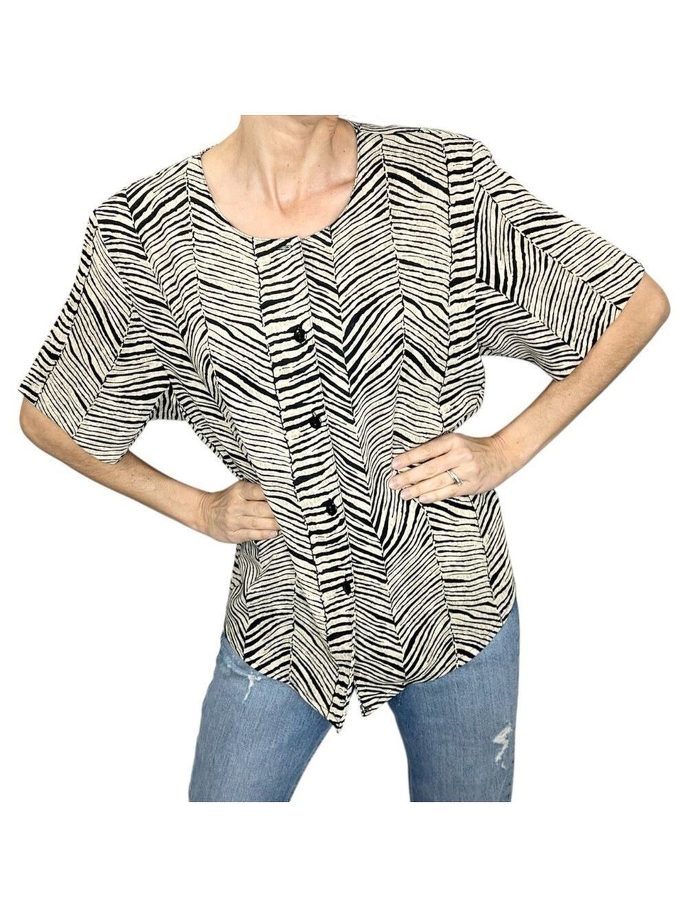 Vintage 80s 90s black beige zebra animal print chiffon short sleeve top blouse L